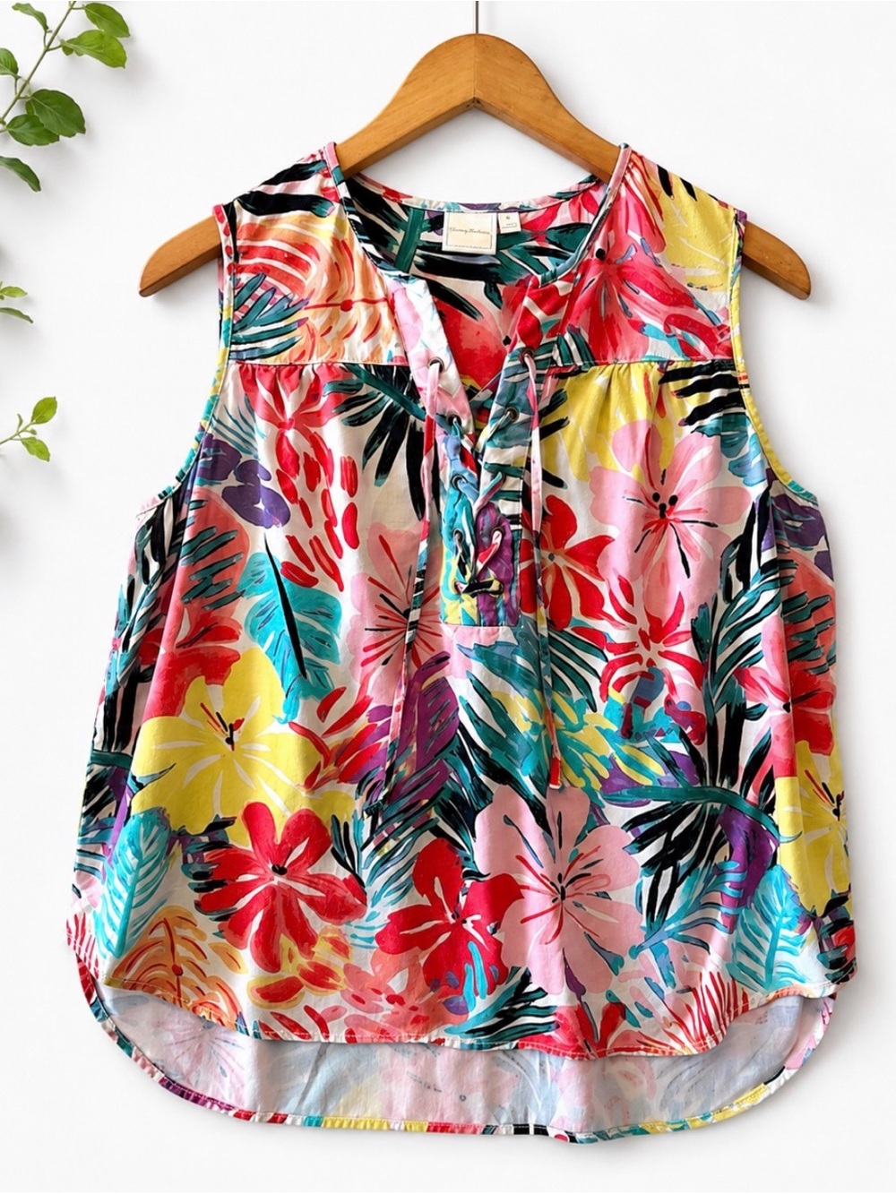 Zac & Rachel Tropical Floral Sleeveless Lace-Up Blouse Size L